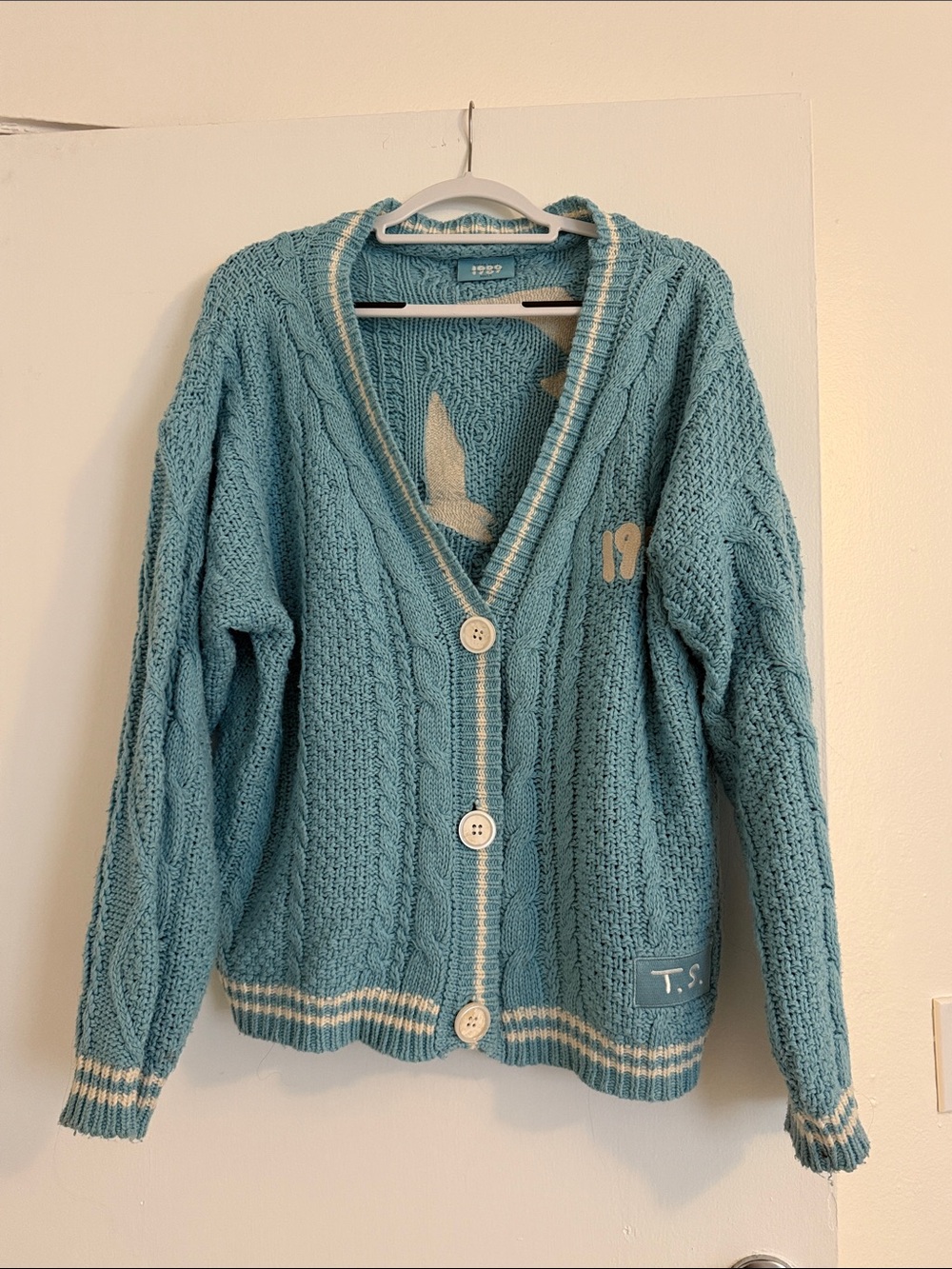 Taylor Swift Teal Cable-Knit Cardigan with Cream Trim